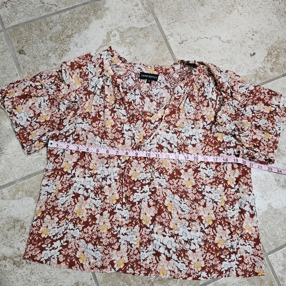 Cynthia Rowley Women’s M Floral Burgundy Crinkle Peasant Blouse Boho Cottagecore - Picture 5 of 6